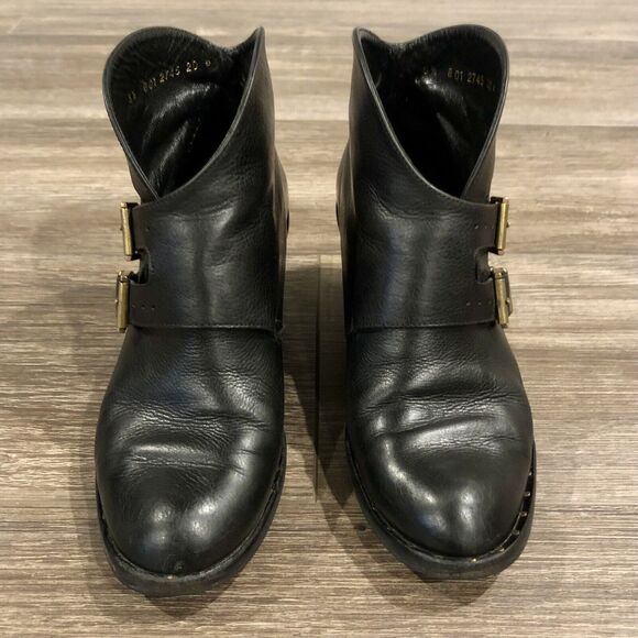 Robert Cleregie Leather Ankle Boot 5.5 Black Double Gold Brass Buckle Block Heel - Picture 4 of 13